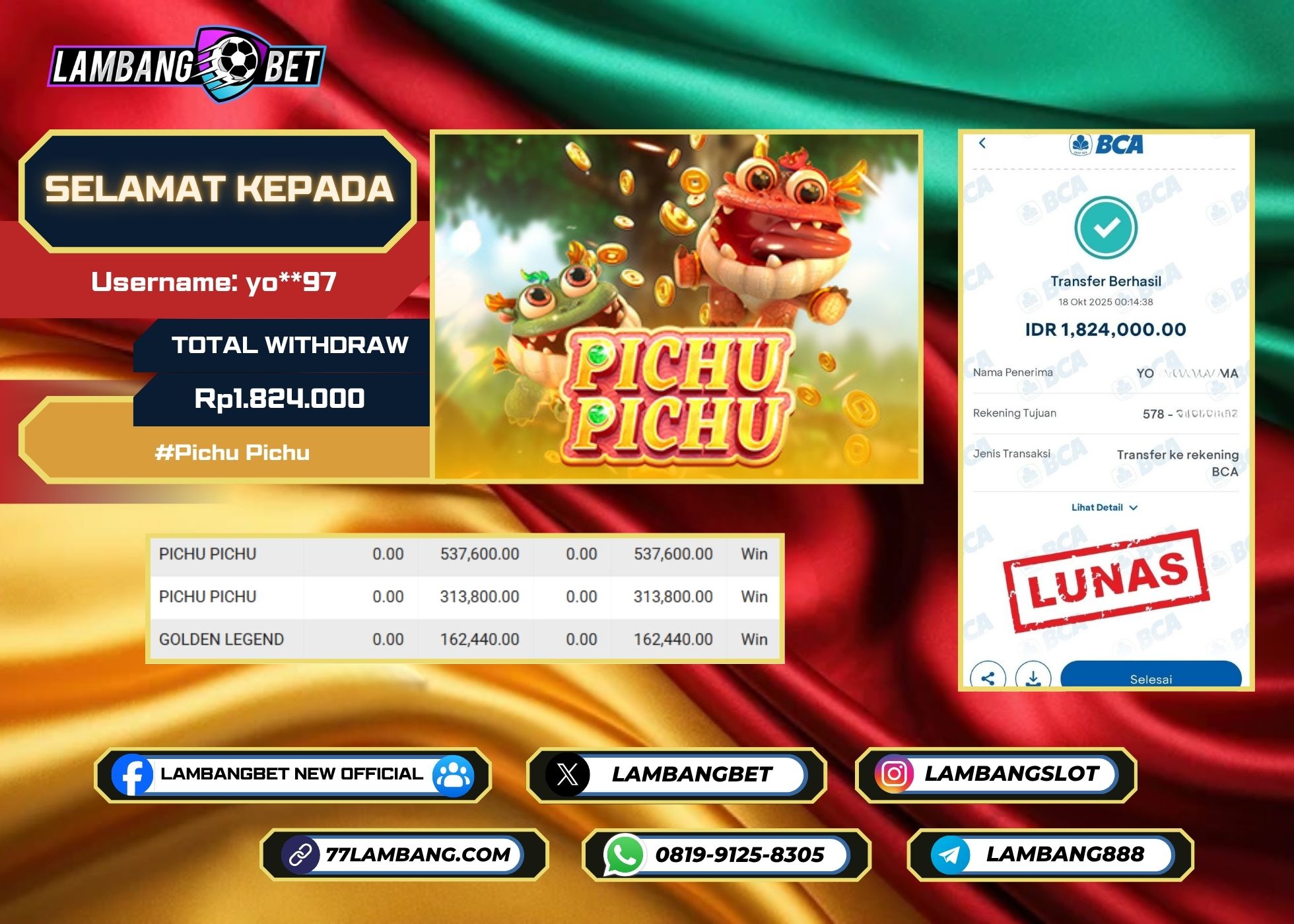 LAMBANGBET [18 OKTOBER 2025] JACKPOT SLOT Pichu Pichu "Rp1.824.000" LUNAS